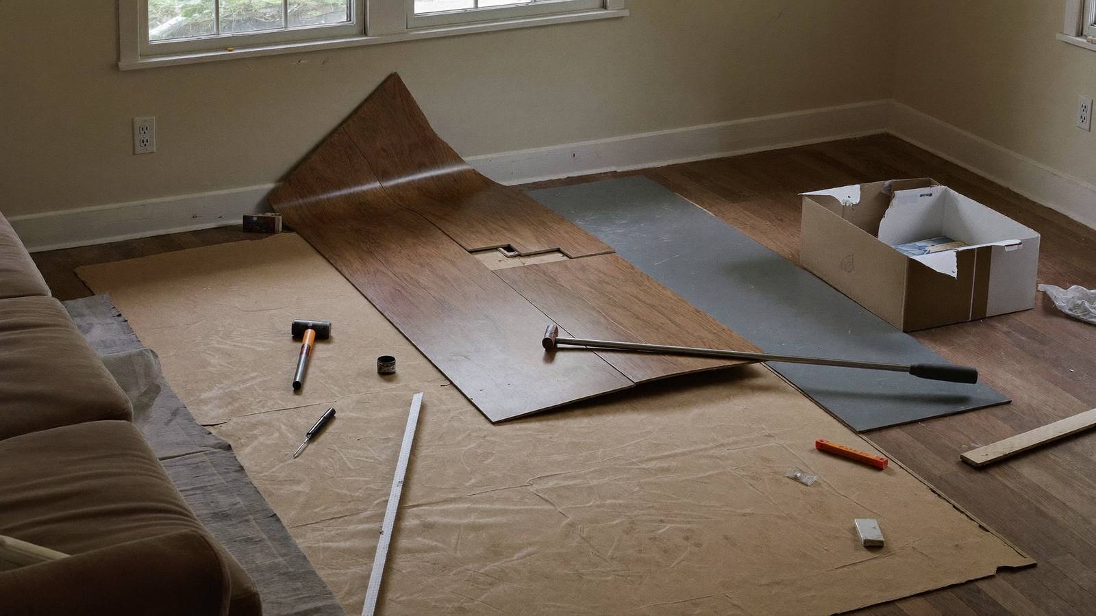 A living room where a DIY floating floor has failed — luxury vinyl plank buckled and peaking, planks torn up to expose the plywood subfloor, with installation tools scattered nearby