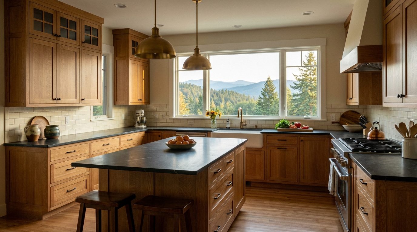 A remodeled craftsman kitchen with custom wood cabinetry and stone countertops, a window revealing forested Southern Oregon hills at golden hour