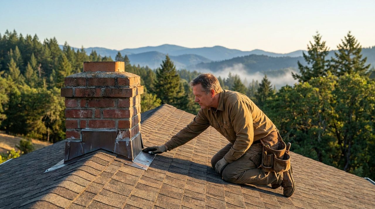 A roofing contractor inspecting chimney flashing on a residential roof with forested Southern Oregon hills behind him