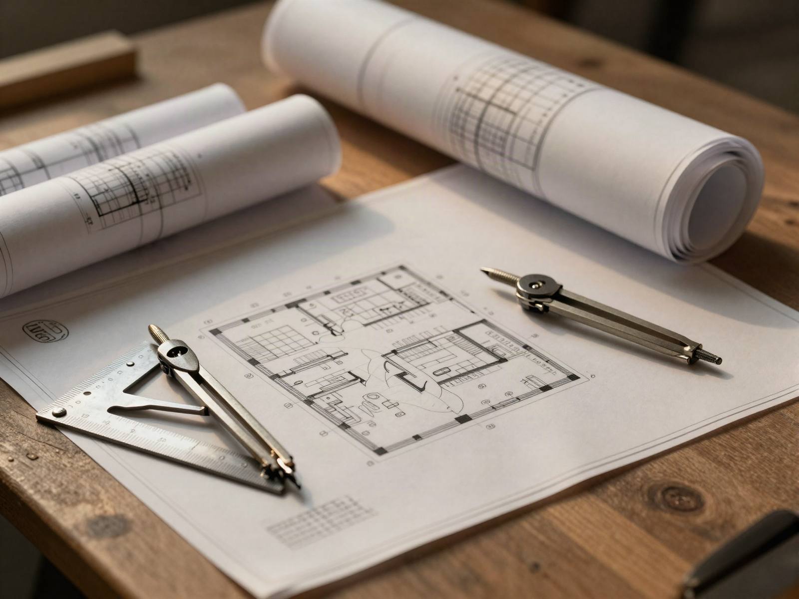 Floor-plan drawings, a drafting compass, and rolled blueprints on a workbench