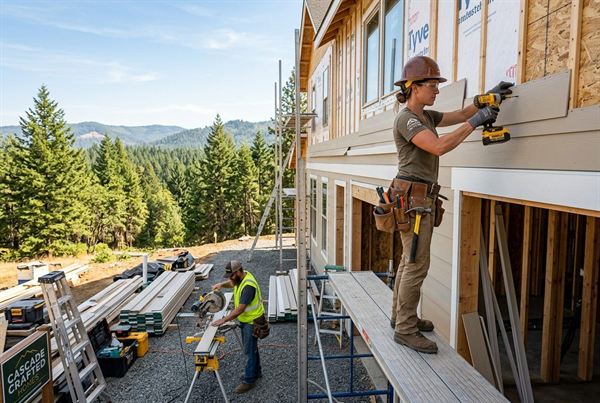 Construction crew building and installing siding on a Southern Oregon home