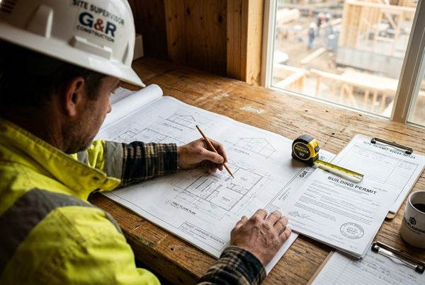 Project blueprints, permits, and plans laid out during scope and planning