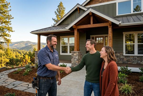 Contractor and happy homeowners at the final walkthrough of a finished home