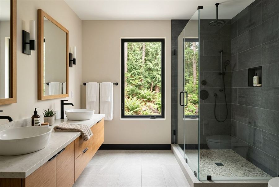 Remodeled modern bathroom with tiled walk-in shower and floating vanity