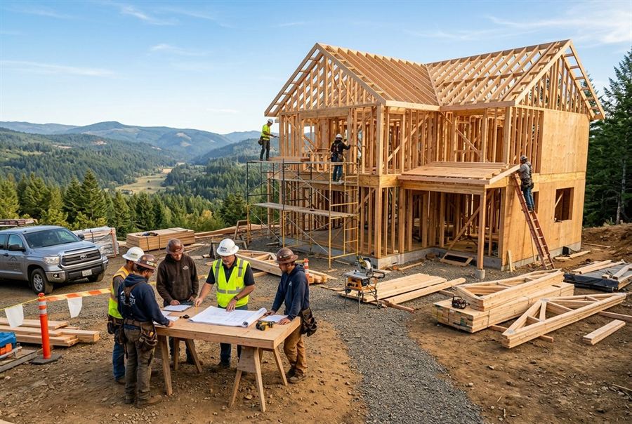 General contracting — custom home framing on a Southern Oregon job site