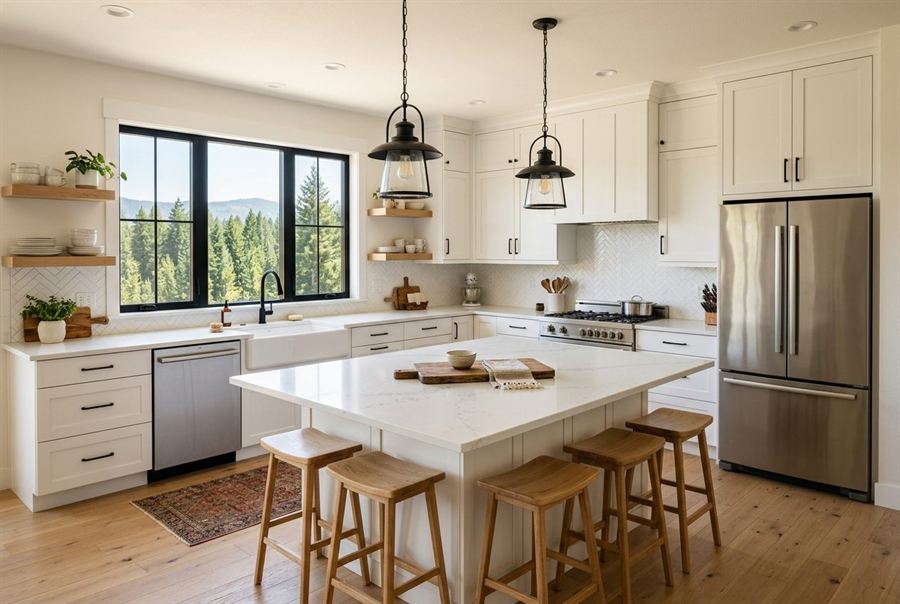 Remodeled farmhouse kitchen with custom cabinetry and quartz island