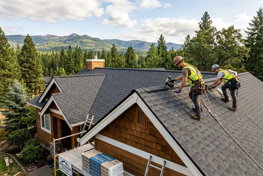 Roofing crew installing a new architectural shingle roof in Southern Oregon